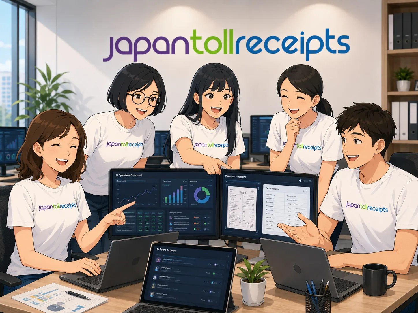 The JTR team in the Yokosuka office, in front of the live dashboards.